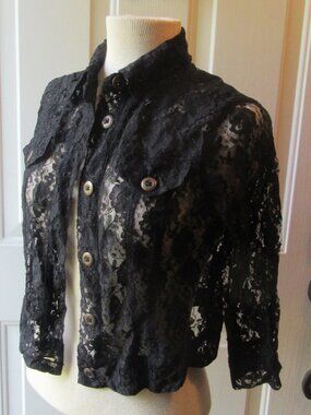 Vintage Newport News Sheer Black Lace Button Down Jacket top w. 3/4 sleeves Sz 4